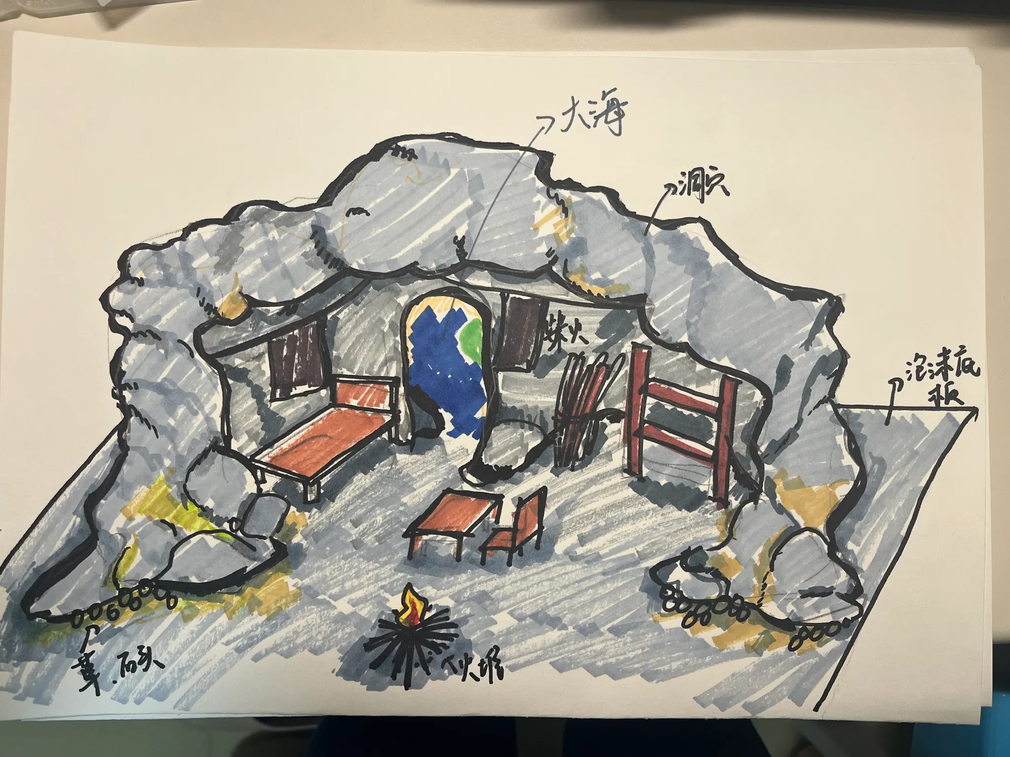 Original marker sketch of the cave shelter