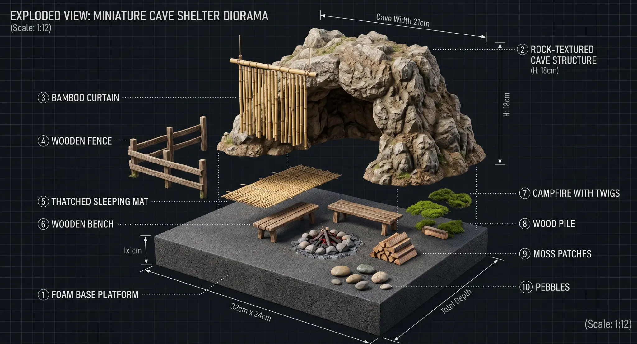 Annotated exploded view of the cave-shelter diorama, with ten labelled components